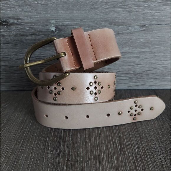 Tan Perforated Stud Belt Brass Tone Buckle 42" Long - Picture 1 of 6